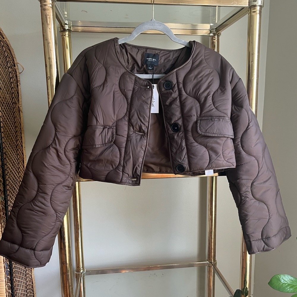 Brown Cropped Quilted Button Down Puffer Coat